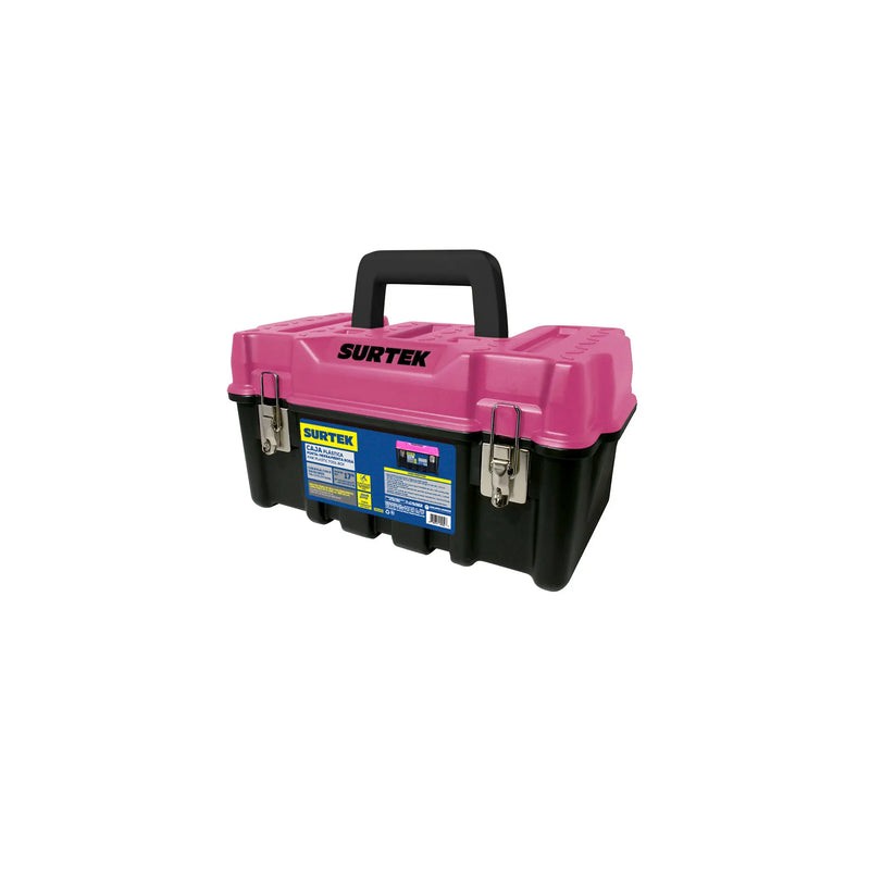 Caja portaherramientas plástica con broches metálicos y tapa rosa 17" x 9" x 8" Surtek