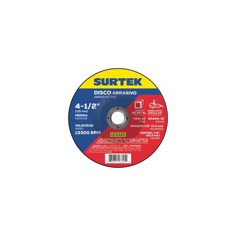 Disco abrasivo tipo 27 para metal 4-1/2" x 1/8" Surtek